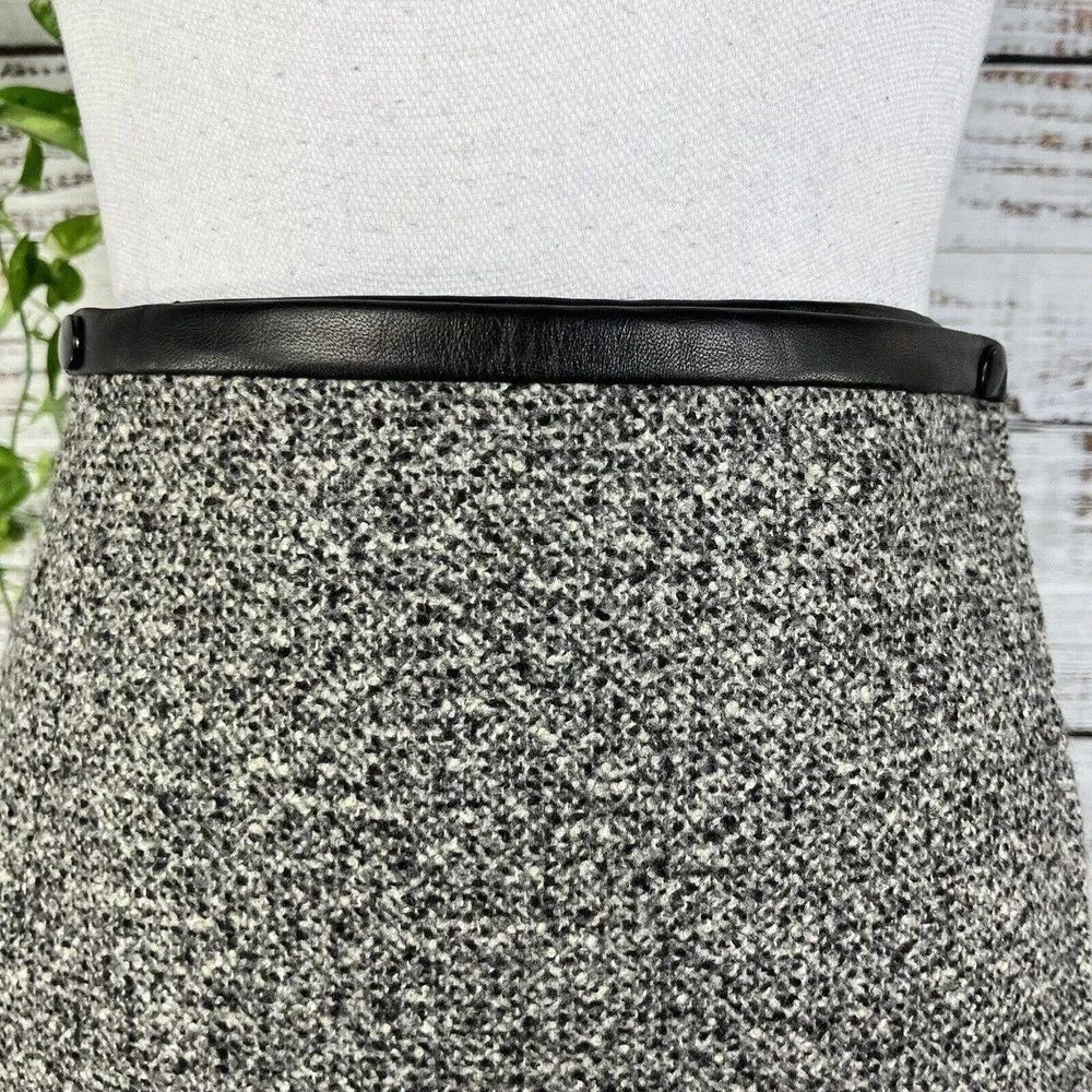 Worth Skirt size 4 Black Gray Wool Tweed Wrap Knee Faux Leather Career Modest